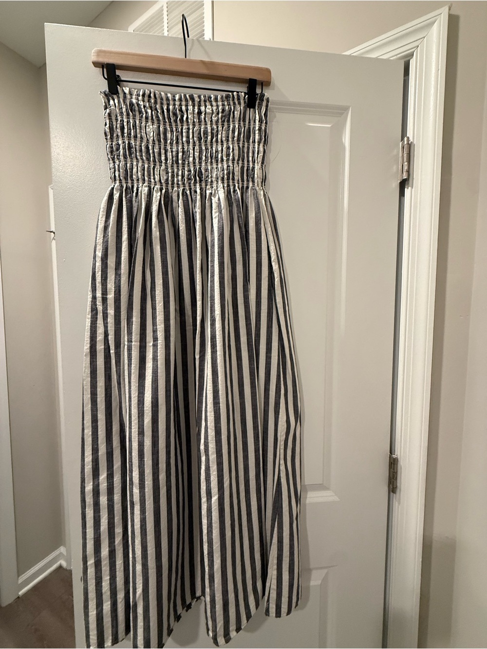 American Threads Black and White Vertical Stripe Smocked Maxi Skirt